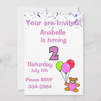 Confetti, Teddy Bear, Balloons Girl's 2. Birthda Einladung