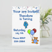 Confetti, Teddy Bear, Balloons Jungs 4. Geburtstag Einladung (Stehend Vorderseite)