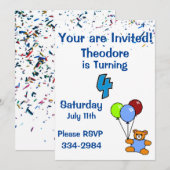 Confetti, Teddy Bear, Balloons Jungs 4. Geburtstag Einladung (Vorne/Hinten)