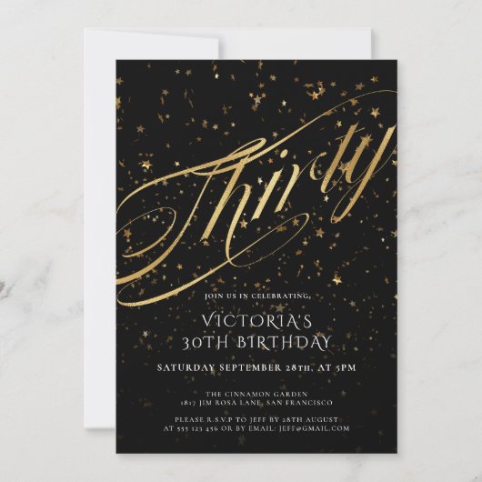 Confetti Thirty Black Gold Imitate Foil 30. Geburt Einladung (Vorderseite)