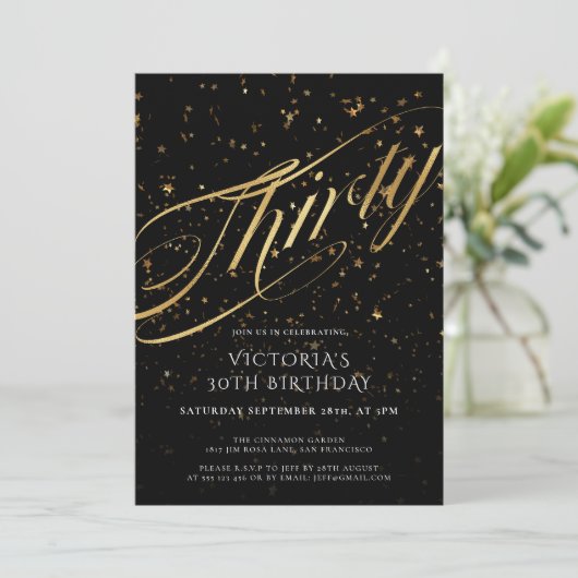 Confetti Thirty Black Gold Imitate Foil 30. Geburt Einladung (Stehend Vorderseite)