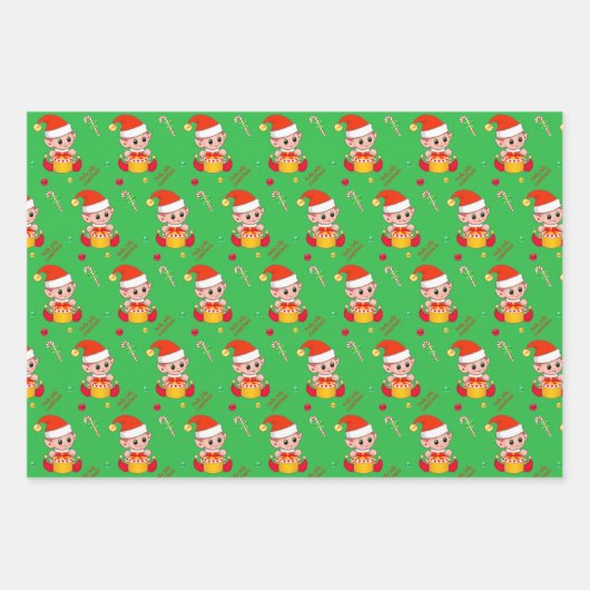 Confetti, Weihnachtself, Candy Cane on Green & Red Geschenkpapier Set (Vorderseite 2)