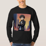 Confident Anime Boy in City at Sunset – Digital Ar T-Shirt<br><div class="desc">High-quality digital illustration of a confident anime boy standing with crossed arms against a modern city skyline at sunset. The warm golden-hour lighting and detailed anime art style create a cinematic and aesthetic atmosphere. Perfect for anime fans,  wallpapers,  digital art collections,  and creative design projects.</div>