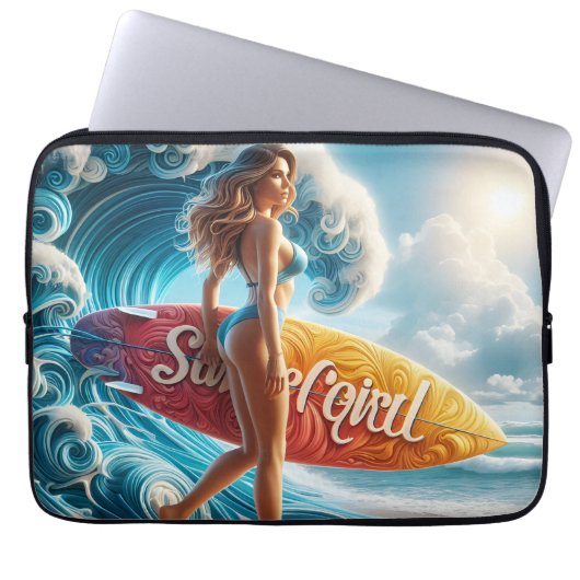Confident Surfer Girl Walking Beach Waves Art Laptopschutzhülle (Vorderseite)