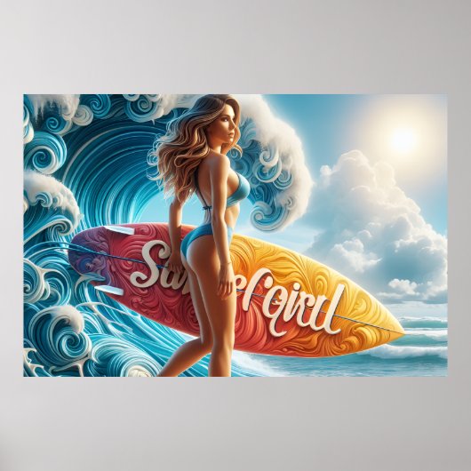 Confident Surfer Girl Walking Beach Waves Art Poster (Vorne)