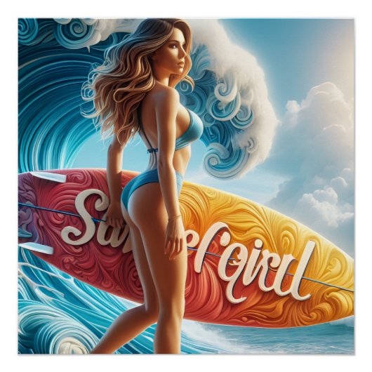 Confident Surfer Girl Walking Beach Waves Art Poster (Vorderseite)