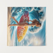 Confident Surfer Girl Walking Beach Waves Art Wandteppich (Vorderseite (Horizontal))