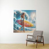 Confident Surfer Girl Walking Beach Waves Art Wandteppich (Beispiel)