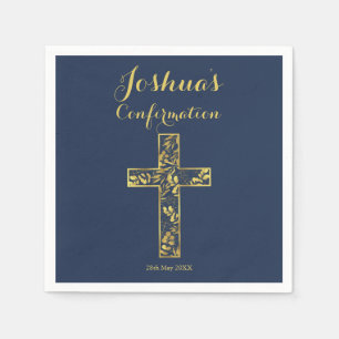 Confirmation Blue gold Cross Name Junge Napkins Serviette