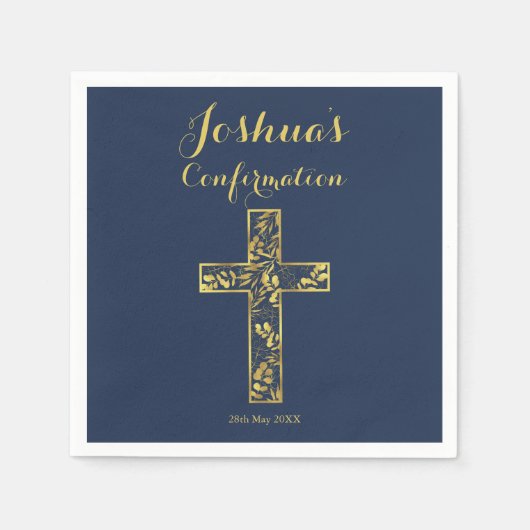 Confirmation Blue gold Cross Name Junge Napkins Serviette (Vorderseite)