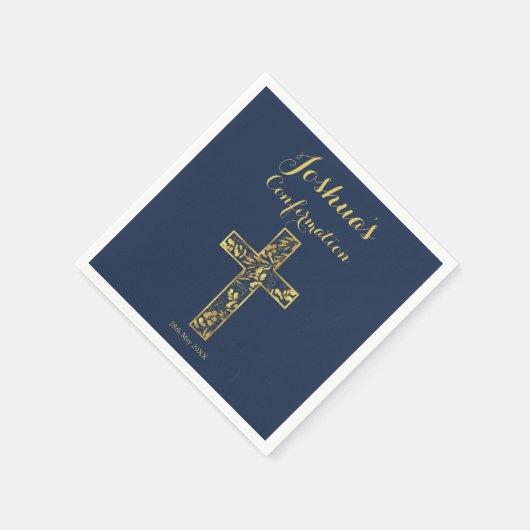 Confirmation Blue gold Cross Name Junge Napkins Serviette (Ecke)