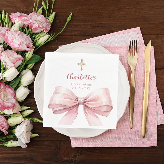 Confirmation blush pink bow cross luncheon serviette