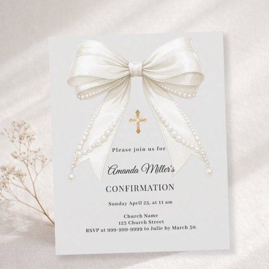 Confirmation bow ivory pearls girl gray invitation