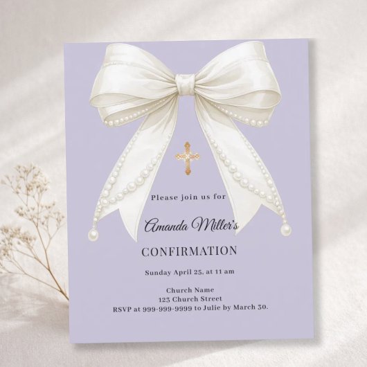 Confirmation bow ivory pearls lavender invitation