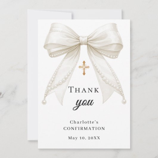 Confirmation bow white ivory pearls dankeskarte (Vorderseite)