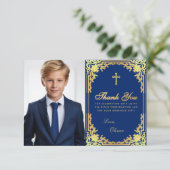 Confirmation Boy Foto Vintag Royal Blue Dankeskarte (Stehend Vorderseite)