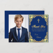 Confirmation Boy Foto Vintag Royal Blue Dankeskarte (Vorne/Hinten)