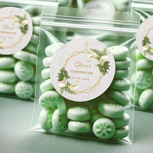 Confirmation Calla Lilies Fern Floral Gold Marmor Runder Aufkleber