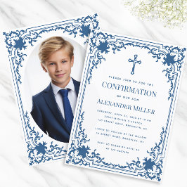 Confirmation Classic Blue Vintag Verziert Boy Foto Einladung