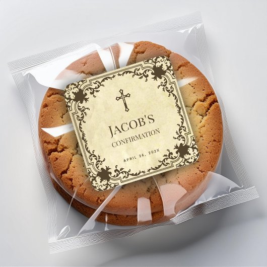 Confirmation Elegant Vintage Antique Parchment Quadratischer Aufkleber