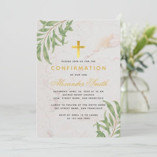 Confirmation Foliage Marble Gold Willow Blätter Einladung (Stehend Vorderseite)