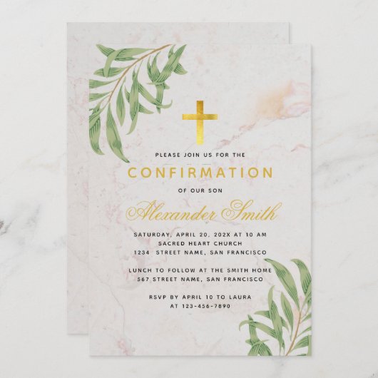 Confirmation Foliage Marble Gold Willow Blätter Einladung (Vorne/Hinten)