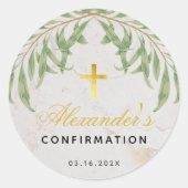 Confirmation Foliage Marble Script Imitate Gold Cr Runder Aufkleber (Vorderseite)