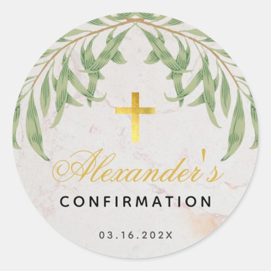 Confirmation Foliage Marble Script Imitate Gold Cr Runder Aufkleber (Vorderseite)