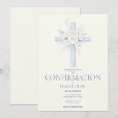 Confirmation for her, Modern Blue Floral Cross Einladung (Vorne/Hinten)