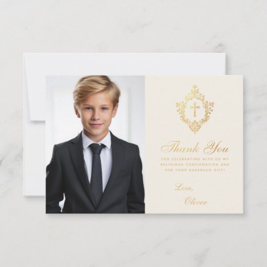 Confirmation Foto Gold Cross Wappen Elfenbeinschif Dankeskarte (Vorderseite)