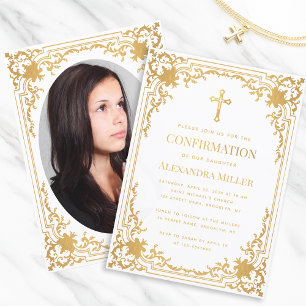 Confirmation Foto Imitats Gold Foil Vintag Elegant Einladung