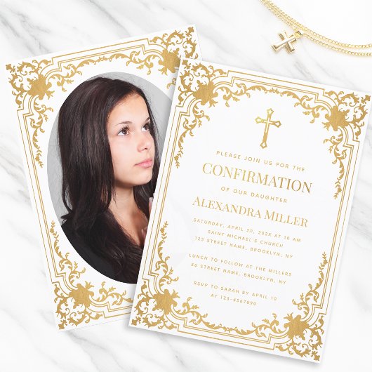 Confirmation Foto Imitats Gold Foil Vintag Elegant Einladung