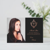 Confirmation Girl Foto Elegantes Schwarz Rosa Wapp Dankeskarte (Stehend Vorderseite)