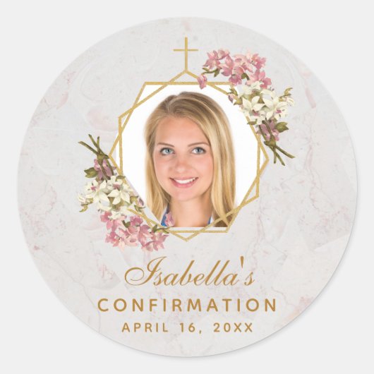 Confirmation Girl Foto Rosa Orchids Gold Marmor Runder Aufkleber (Vorderseite)