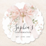 Confirmation Girl Pink Bow Roses Custom Untersetzer<br><div class="desc">Beautiful blush pink bow with roses decorates this elegant Confirmation round paper coaster with a scalloped edge</div>