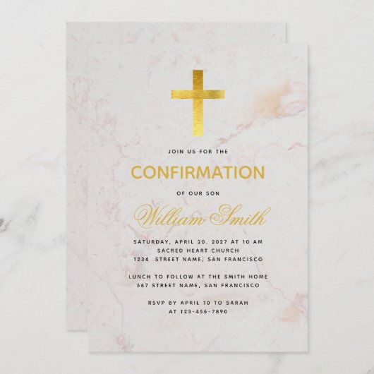 Confirmation Gold Cross Marmorkalligraphie Einfach Einladung (Vorne/Hinten)