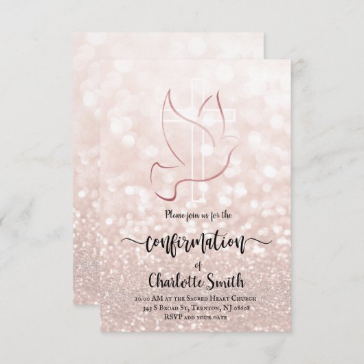 Confirmation Imitats Rose Gold Glitzer Textur Einladung (Vorne/Hinten)