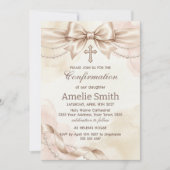 Confirmation Invitation with Beige Bow and Pearls Einladung (Vorderseite)
