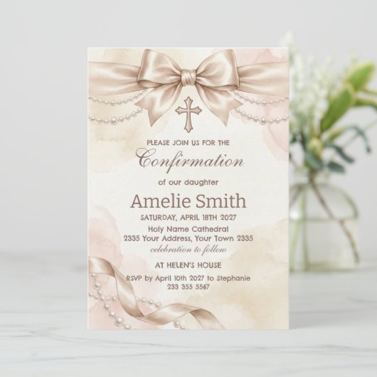 Confirmation Invitation with Beige Bow and Pearls Einladung (Stehend Vorderseite)