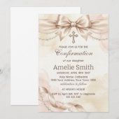 Confirmation Invitation with Beige Bow and Pearls Einladung (Vorne/Hinten)