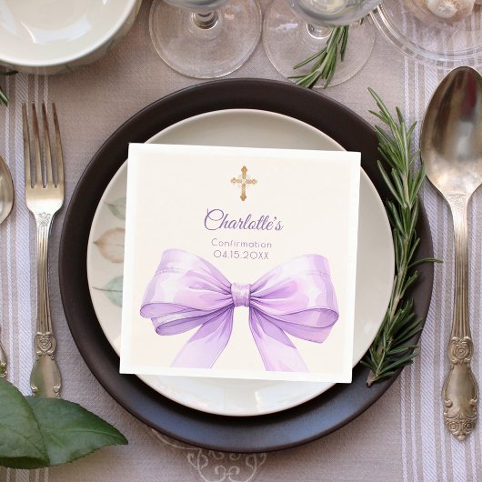 Confirmation lavender bow cream cross serviette