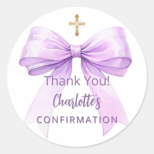 Confirmation lavender bow girl cross thank you runder aufkleber (Vorderseite)