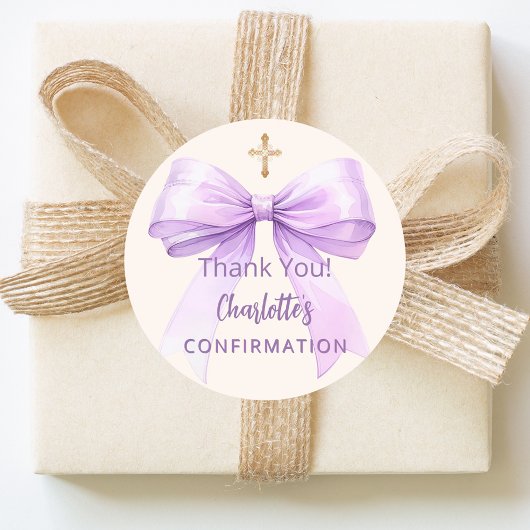 Confirmation lavender bow ivory cross thank you runder aufkleber