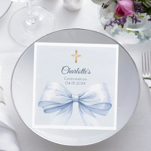 Confirmation light blue bow cross girl luncheon serviette