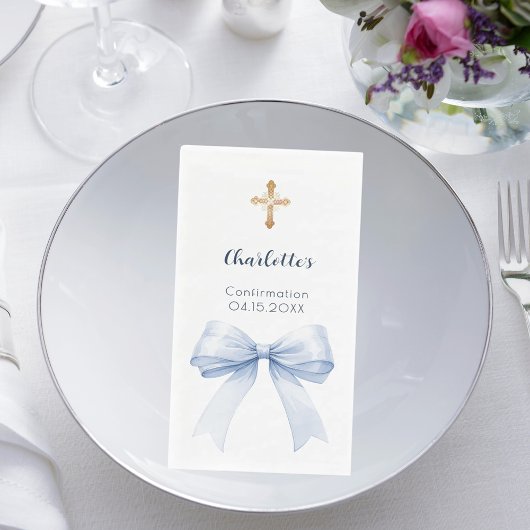 Confirmation light blue bow cross serviette