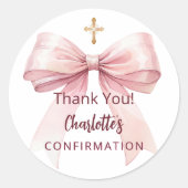 Confirmation pink bow girl cross thank you runder aufkleber (Vorderseite)