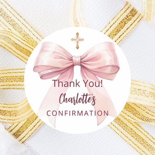 Confirmation pink bow girl cross thank you runder aufkleber