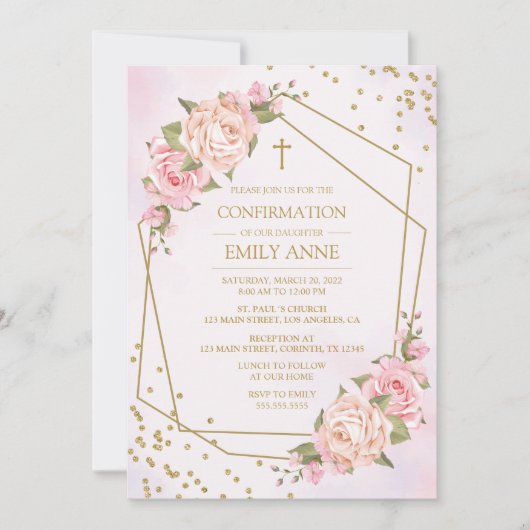 Confirmation Pink Floral Invitation Einladung (Vorderseite)