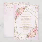 Confirmation Pink Floral Invitation Einladung (Vorne/Hinten)