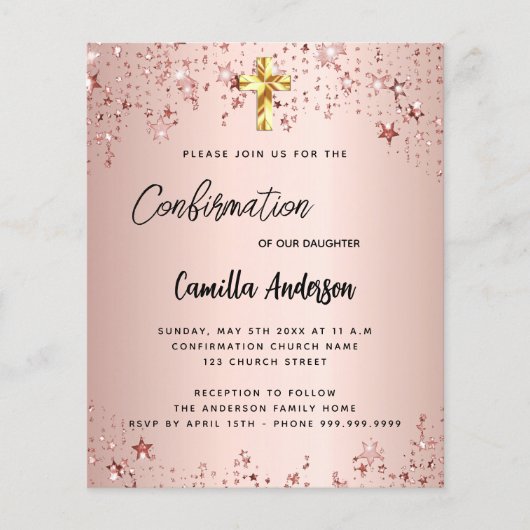 Confirmation Rose gold stars Budget Einladung Flyer (Vorne)